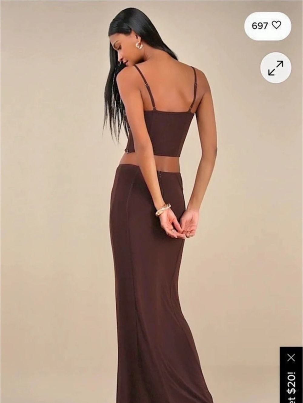 Lulus Skyela Dark Brown Bustier Two-Piece Maxi Dress.  Medium top Large skirt - Picture 2 of 9